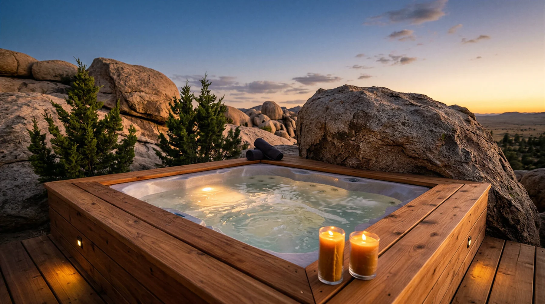 Jacuzzi de madera con velas al anochecer
