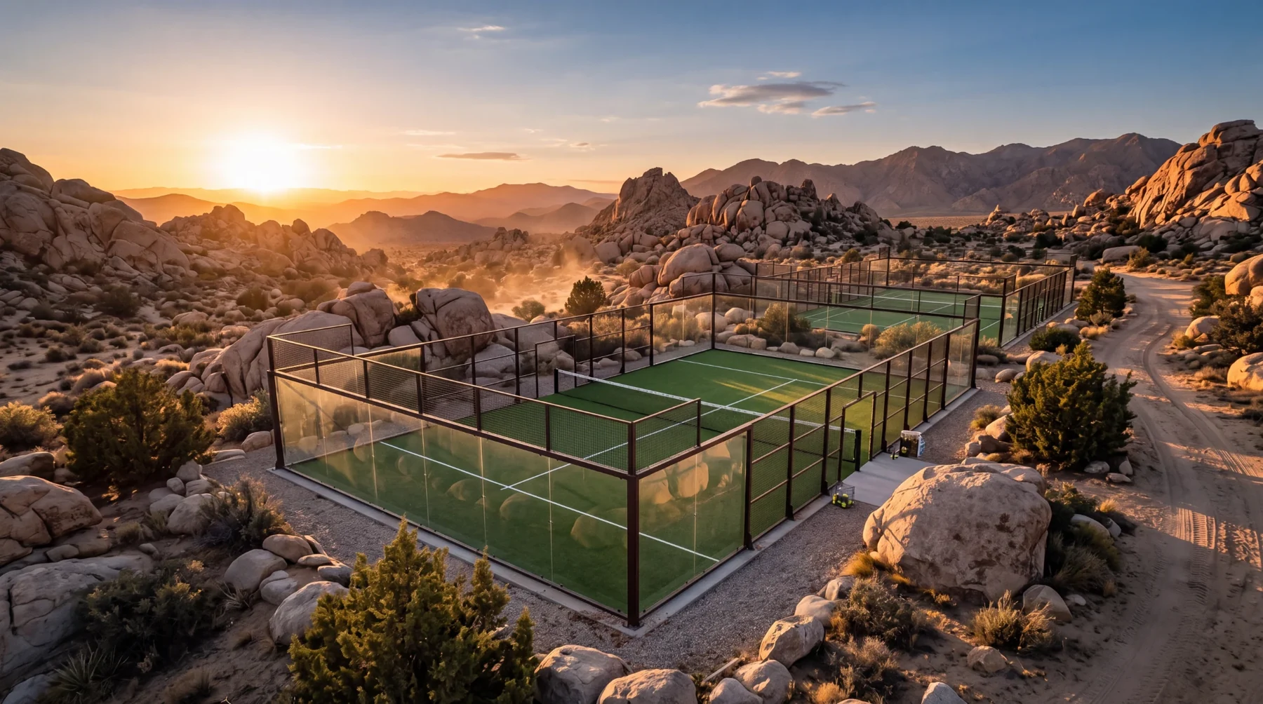 Cancha de pádel entre formaciones de granito al atardecer