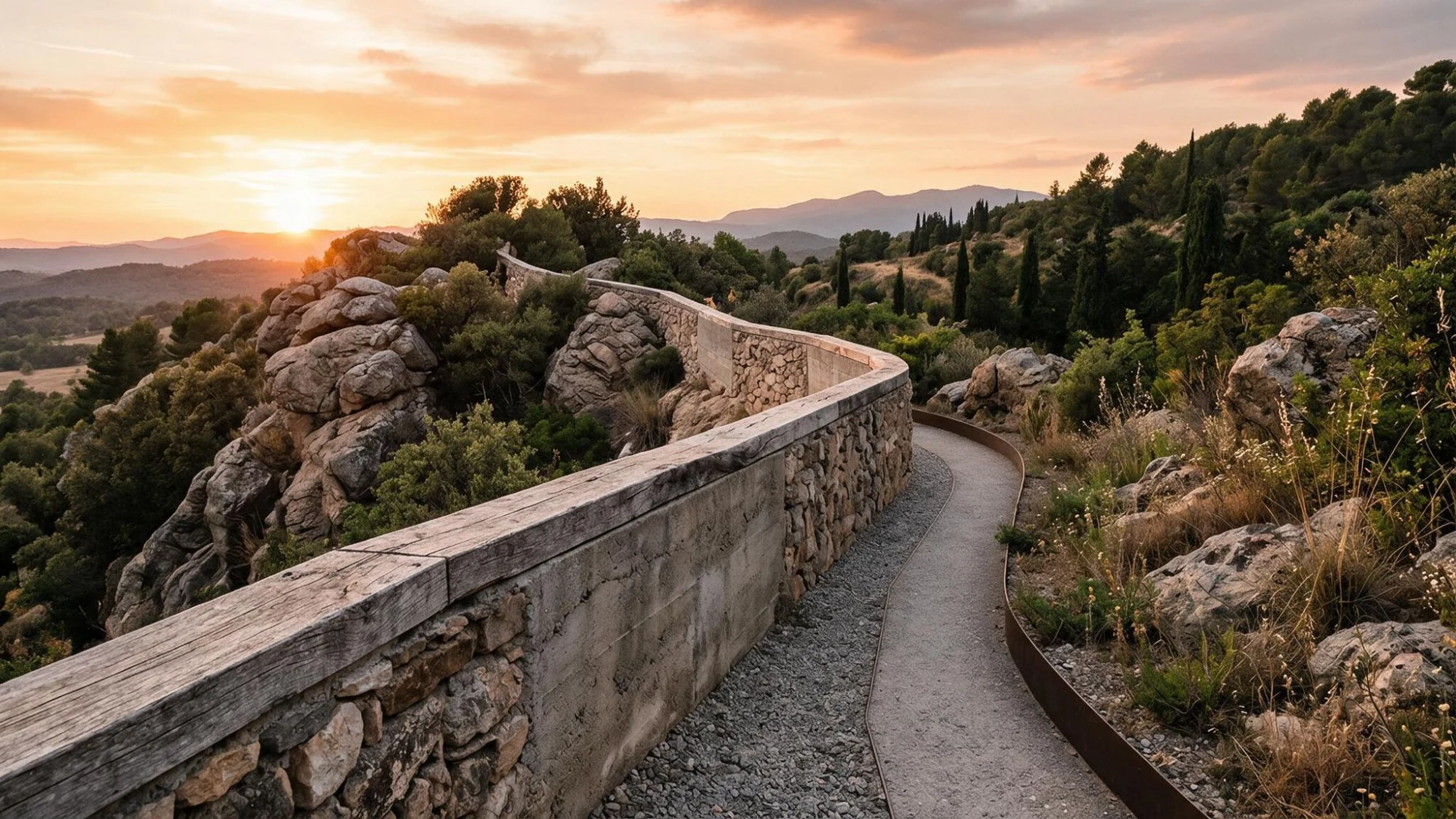 Sendero con muro de piedra al atardecer