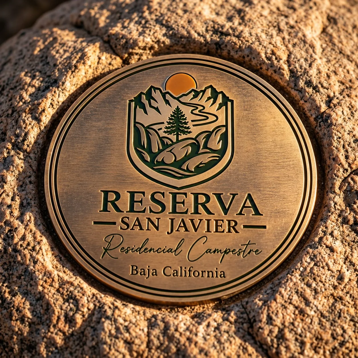 Placa de bronce de Reserva San Javier montada sobre una roca de granito